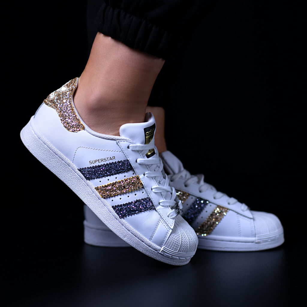 superstar ob adidas sneakers personalizzate glitter da dressed
