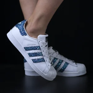 superstar turquoise adidas sneakers personalizzate glitter blu turchese da dressed