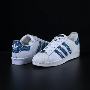 superstar turquoise adidas sneakers personalizzate glitter blu turchese da dressed